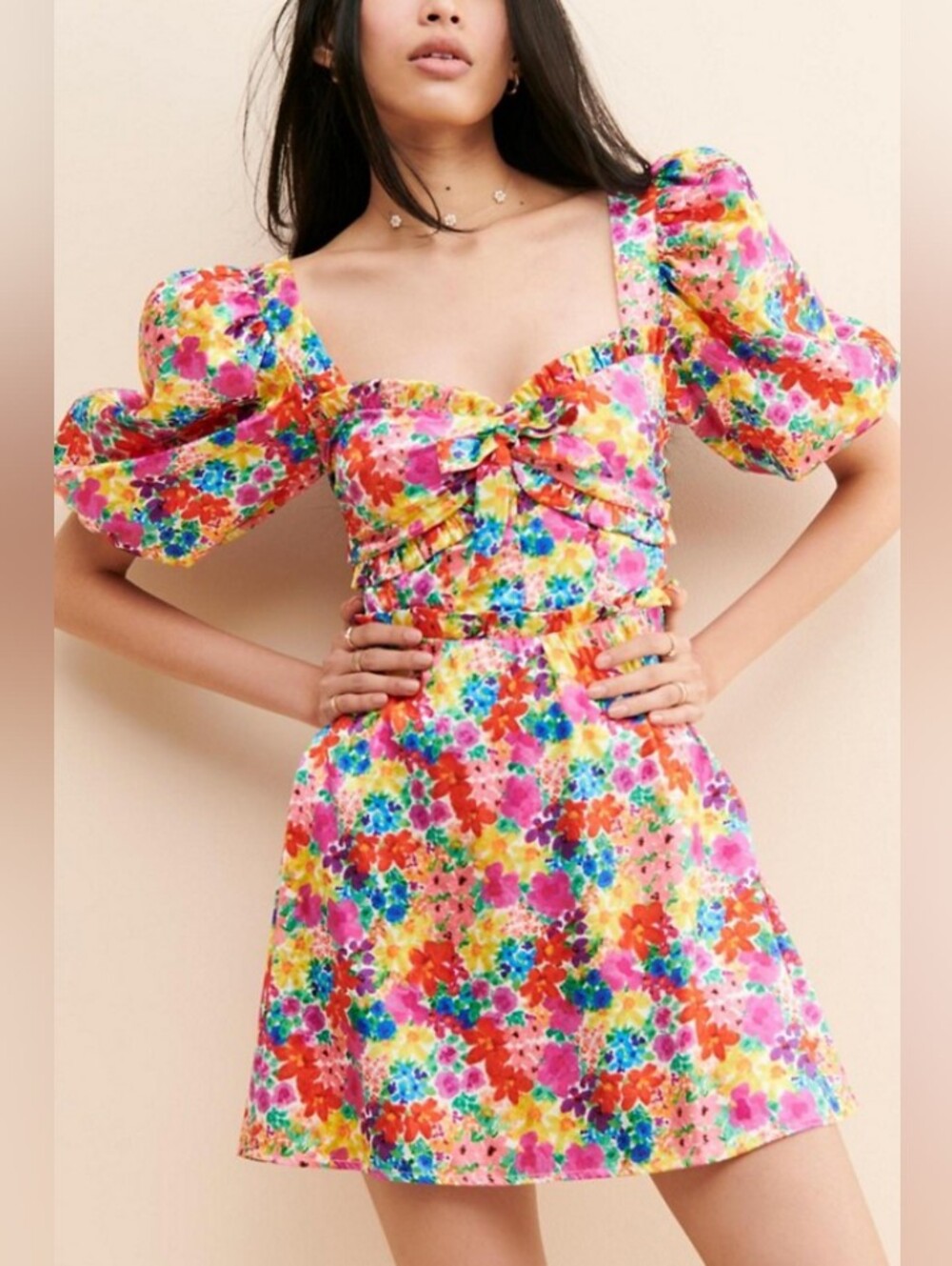For Love & Lemons x Free People," "Merrill Floral Mini Dress," Partial open Back